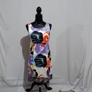 Tahari dress white multicolored abstract print summer sleeveless lined size 8